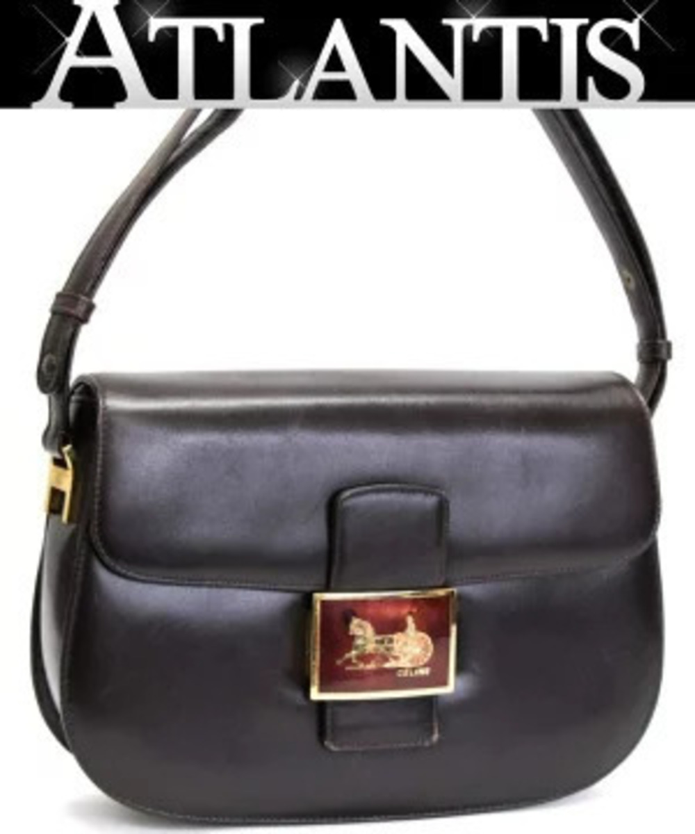 Celine Carriage Shoulder Bag Leather Brown Gold